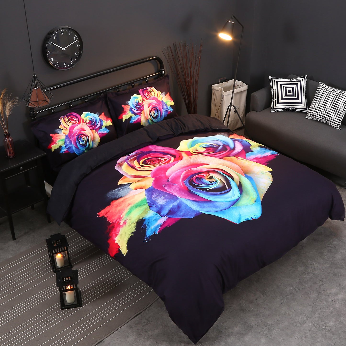 Juego de cama/funda nórdica de 4 piezas con diseño de rosas arcoíris en 3D, poliéster agradable para la piel, suave y duradero, color negro