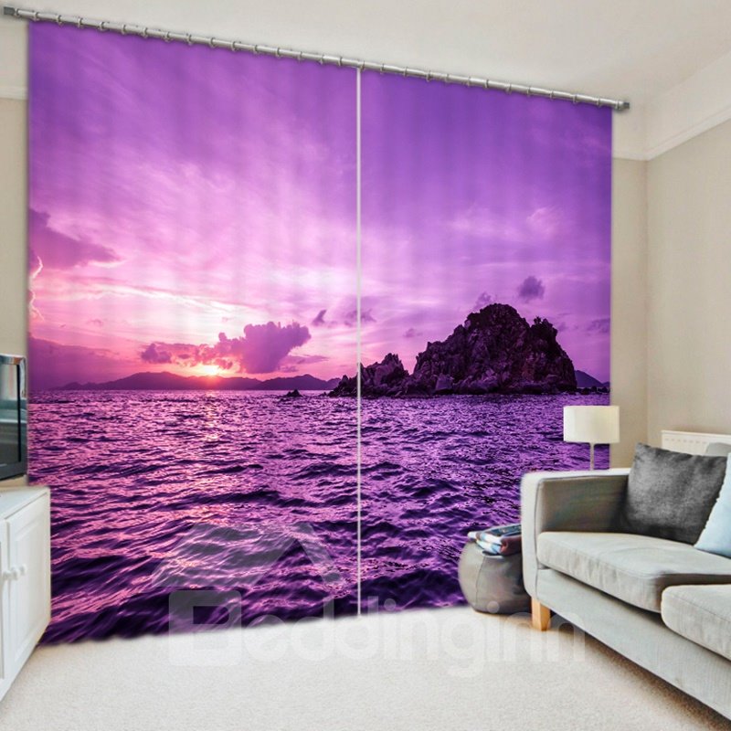 3D-Rollo aus Polyester mit wunderschönem Meer und Sonnenaufgang, romantischer violetter Naturlandschaft