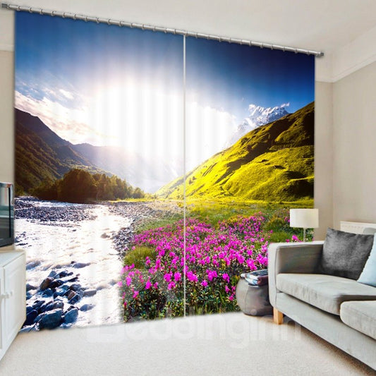 Fantastische Landschaft aus Wasser und Blumen, 3D-gedruckter Polyestervorhang 