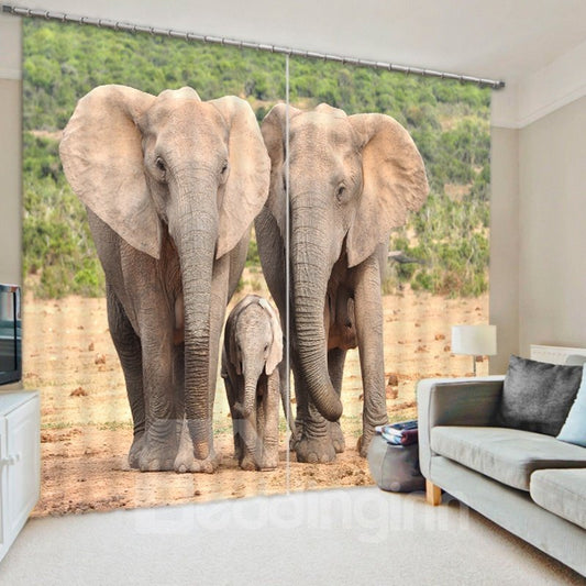 3D Elephant Family in the Grassland Printed Decorative and Blackout Polyester Curtain