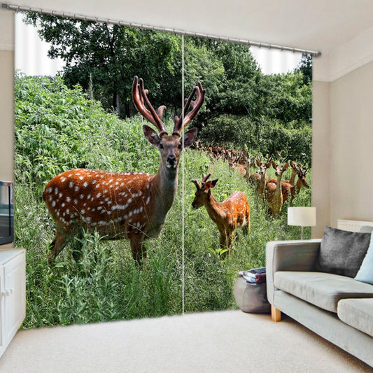 Lovely Deer on the Grassland Printed Shading Curtain, 2 Panel Style Polyester Animal Theme Blackout Curtain