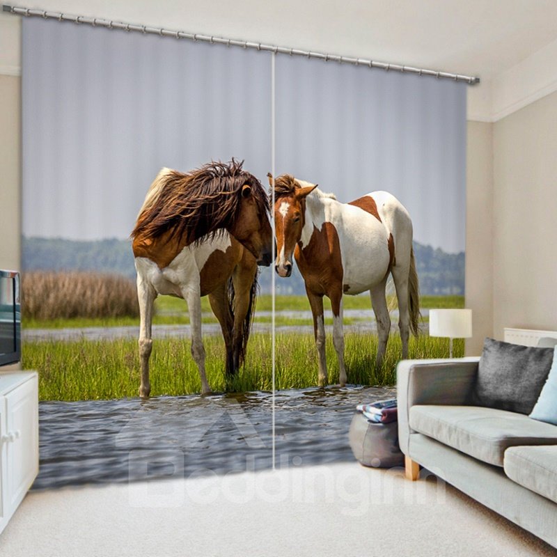 Couple Horses Standing on the River 2 Pieces Window Decoration Shading Curtain