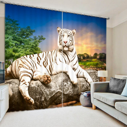 3D White Tiger Printed Thick Polyester 2 Panels Living Room and Study Room Curtain