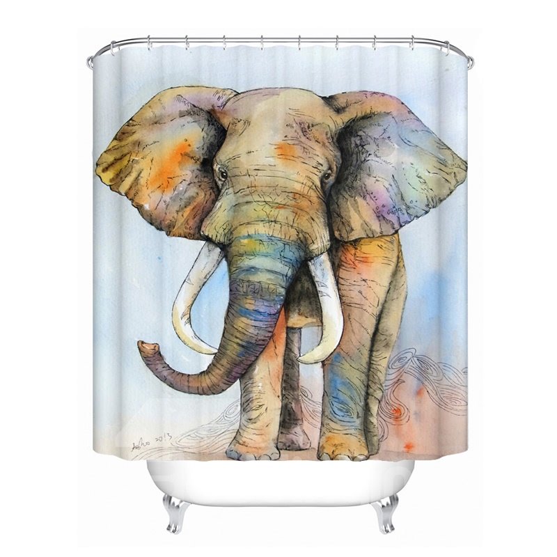 Cortina de ducha de baño azul de poliéster con estampado de elefante colorido a prueba de moho 3D