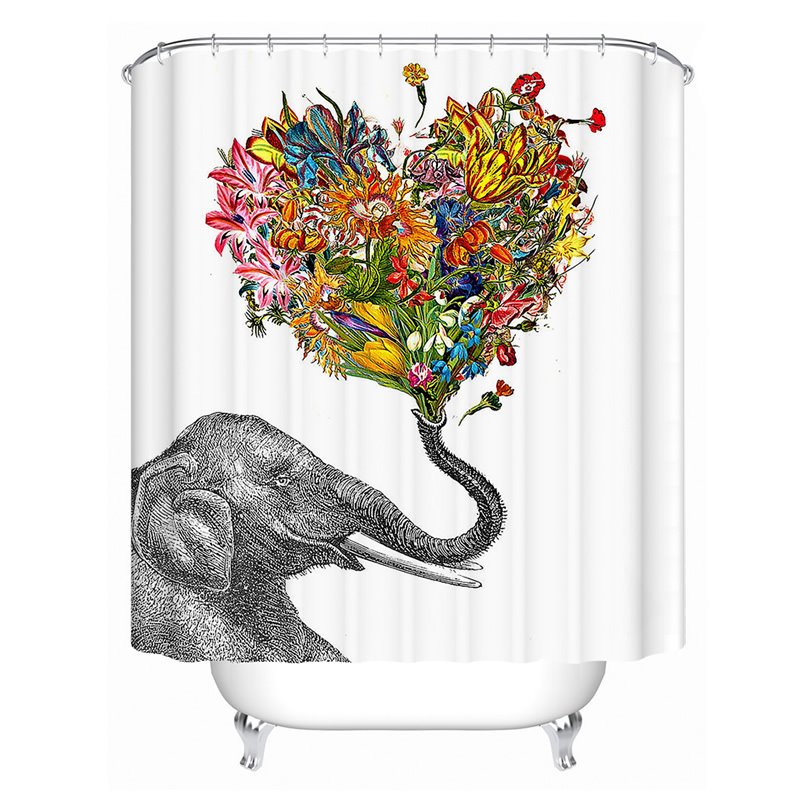 3D Mouldproof Heart Shape Flower and Elephant Printed Polyester Bathroom Shower Curtain