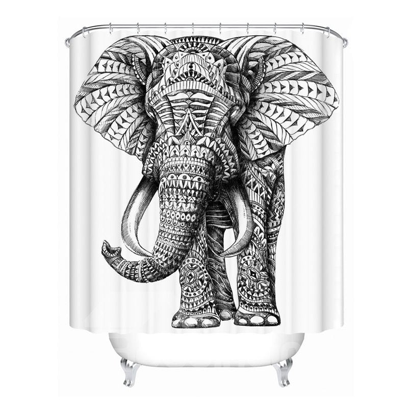 3D-Badezimmer-Duschvorhang aus formbeständigem Elefanten-Print in Schwarz und Weiß aus Polyester
