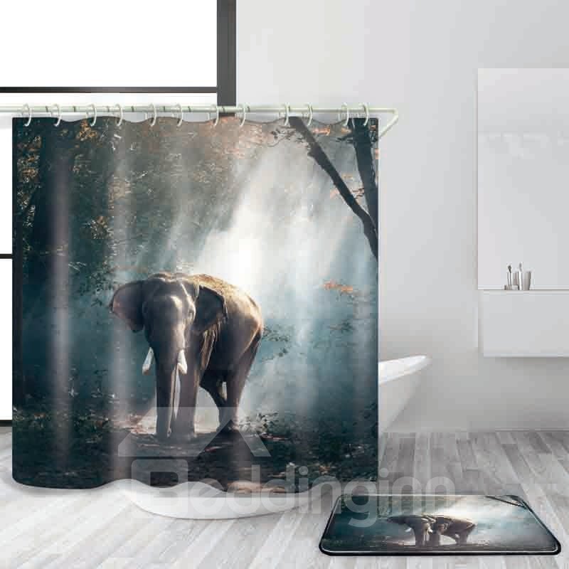 Cortina de ducha de baño de poliéster impresa con elefante en el bosque a prueba de moho 3D