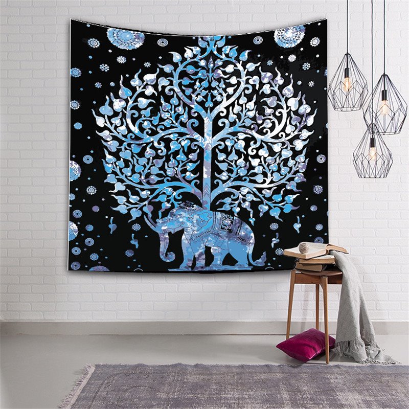 Silberne Elefanten- und Baum-Wandteppiche im exotischen Stil zum Aufhängen