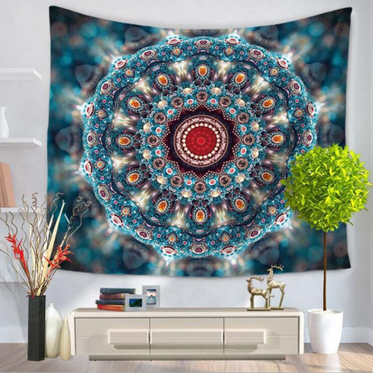 Wandteppich im böhmischen Stil, Mandala-Strass-Drucke, blau, zum Aufhängen