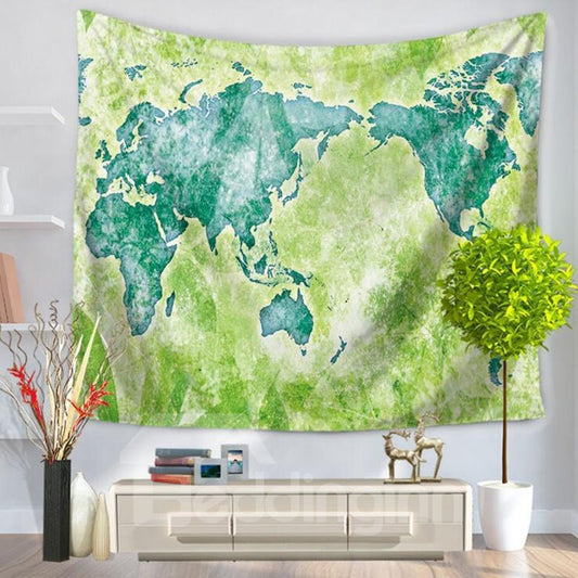 Watercolor World Map Prints Vintage Style Green Hanging Wall Tapestries