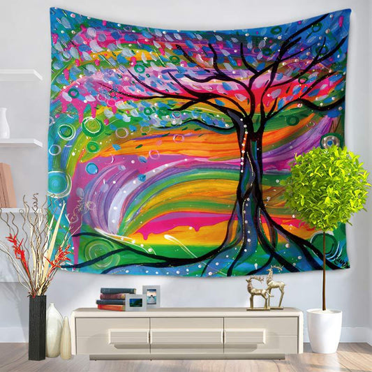 Tapiz de pared colgante con estampado de rayas coloridas y árboles negros con pintura al óleo en 3D