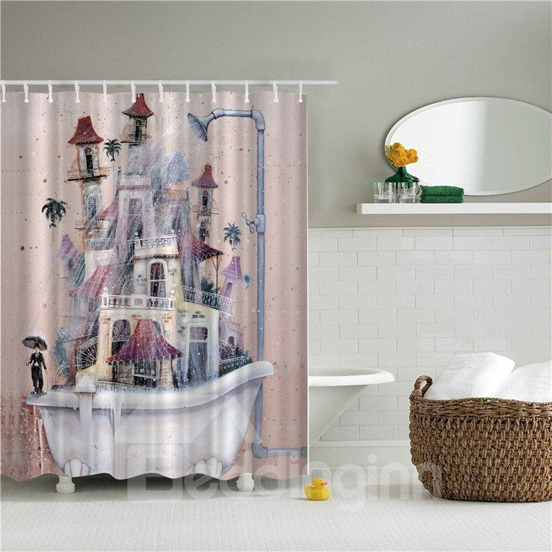 3D-Badewannen-Duschvorhang im alten Stil, bedruckt, Polyester, rosa