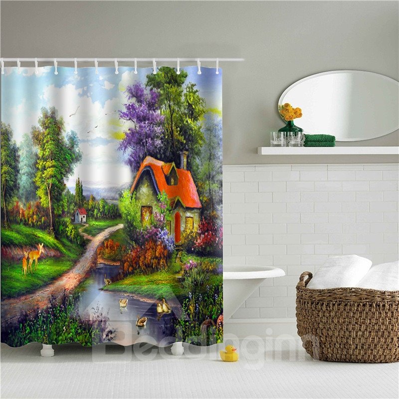 3D Oil Painting House Printed Polyester Colorful Bathroom Shower Curtain