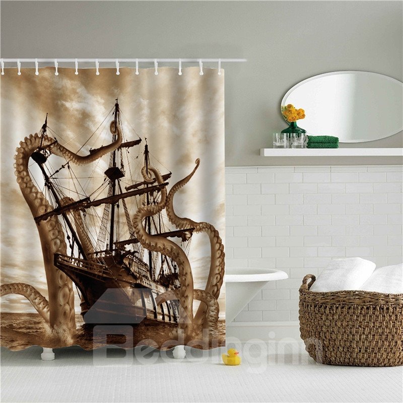 3D-Badezimmer-Duschvorhang aus Polyester mit großem Oktopus und Segelboot, bedruckt