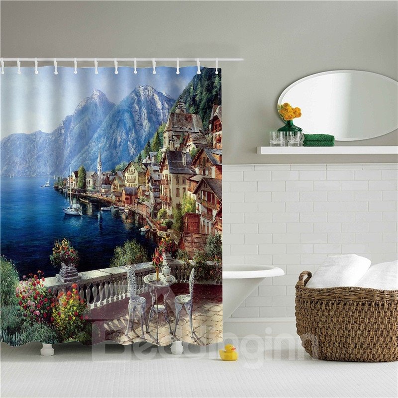 3D Oil Painting Water City Printed Polyester Bathroom Shower Curtain