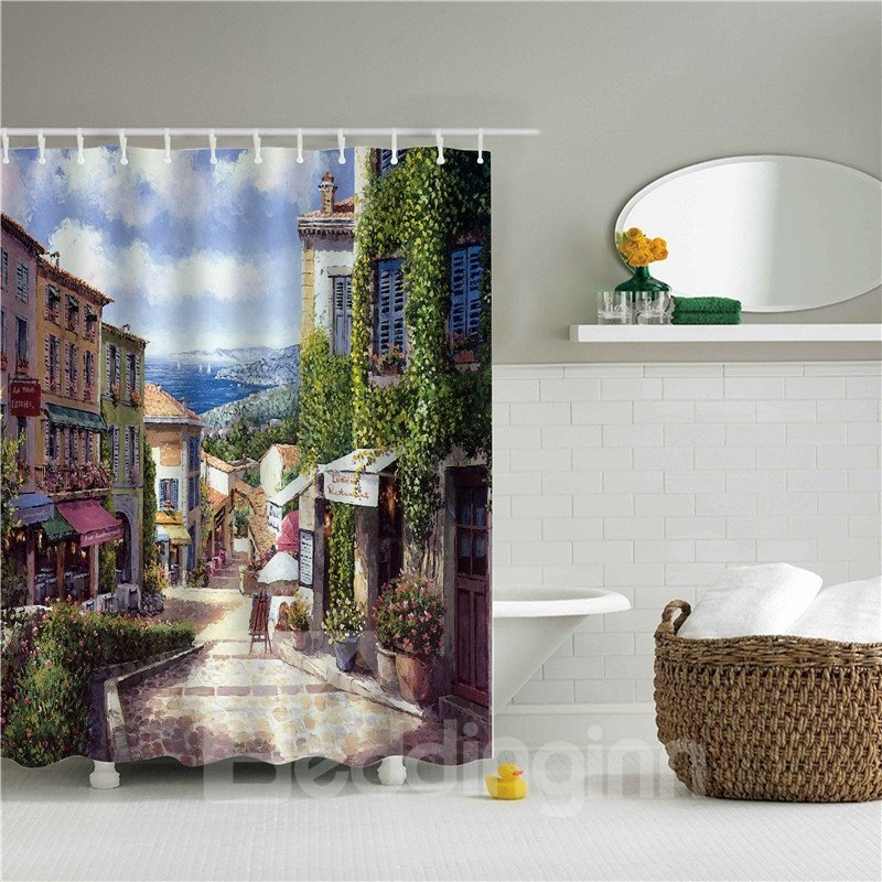 3D Oil Painting Quiet City Printed Polyester Bathroom Shower Curtain
