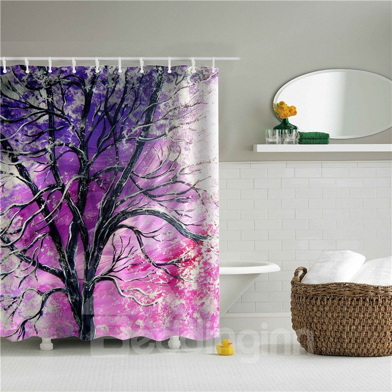 Cortina de ducha de baño púrpura de poliéster impresa árbol de pintura al óleo 3D