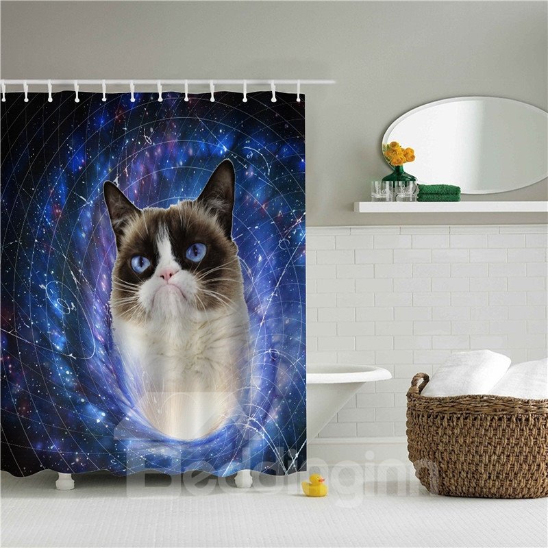 Cortina de ducha de baño de poliéster con estampado de gato en galaxia 3D