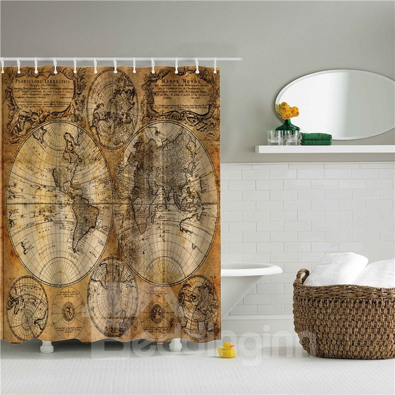 Old Map Printed Polyester Bathroom Shower Curtain