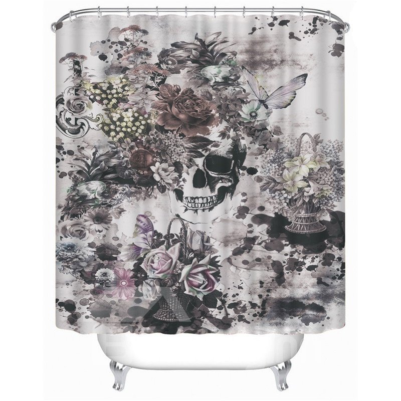 3D Skull and Flowers Printed Polyester Gray Bathroom Shower Curtain