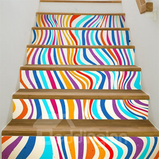 Mural de escalera impermeable de PVC 3D de 6 piezas con líneas curvas de colores