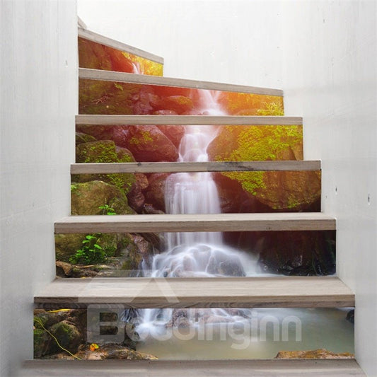 La cascada imprime el mural decorativo casero de la escalera de la prenda impermeable del PVC 3D de 6 piezas