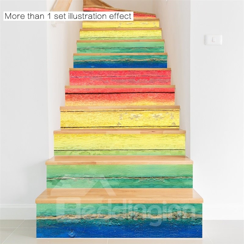 Mural de escalera impermeable de PVC 3D de 6 piezas con patrón de arcoíris colorido