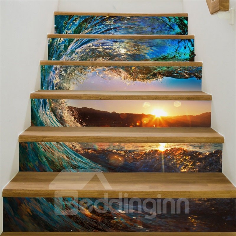 Sea Tide and Fascinating Sunset 6-Piece 3D PVC Waterproof Stair Mural