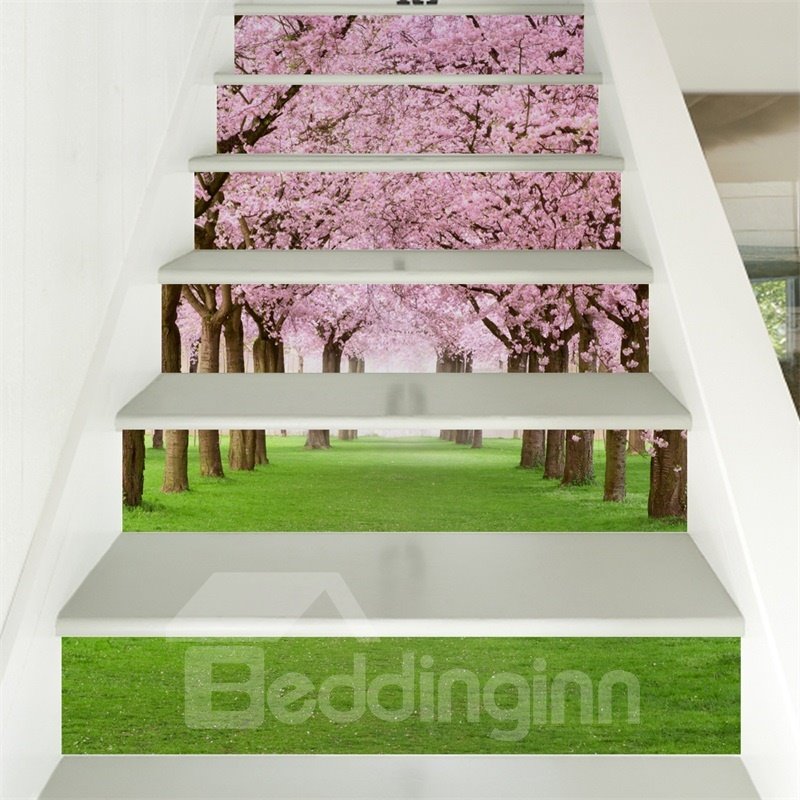 Mural de escalera impermeable de PVC 3D de 6 piezas con patrón de hierba verde y flores rosadas