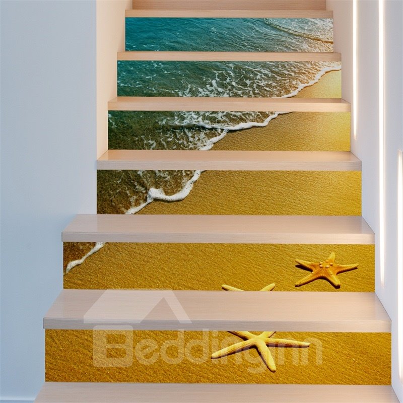 Sea Wave and Starfish Home Decorative 6-Piece 3D PVC Waterproof Stair Mural