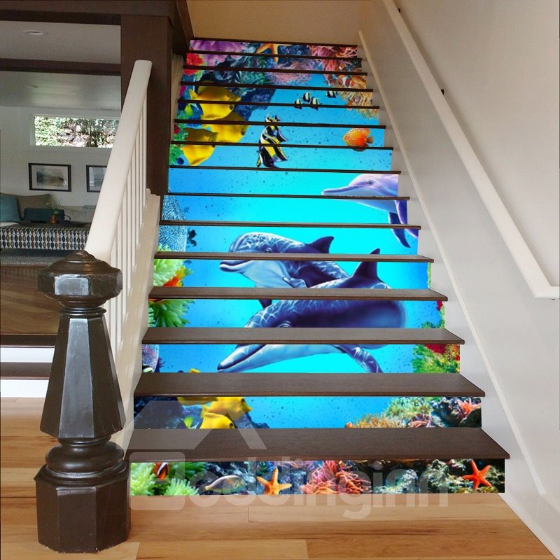Fishes Plants and Dolphins in Deep Sea 3D Waterproof Stair Murals