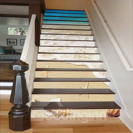 Conch Starfish and Beach Scenery 3D Waterproof Stair Murals