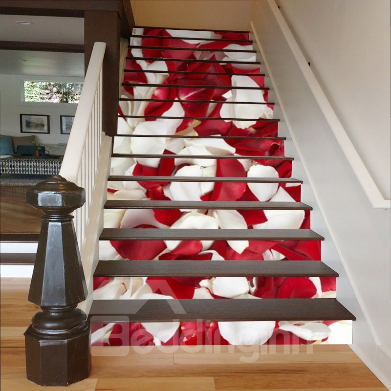 Murales de escaleras impermeables 3D con pétalos de rosas blancas y rojas