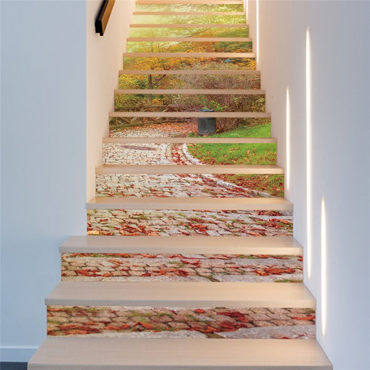 Path in Park Surrounded by Plants 13-Piece PVC 3D Waterproof Stair Murals