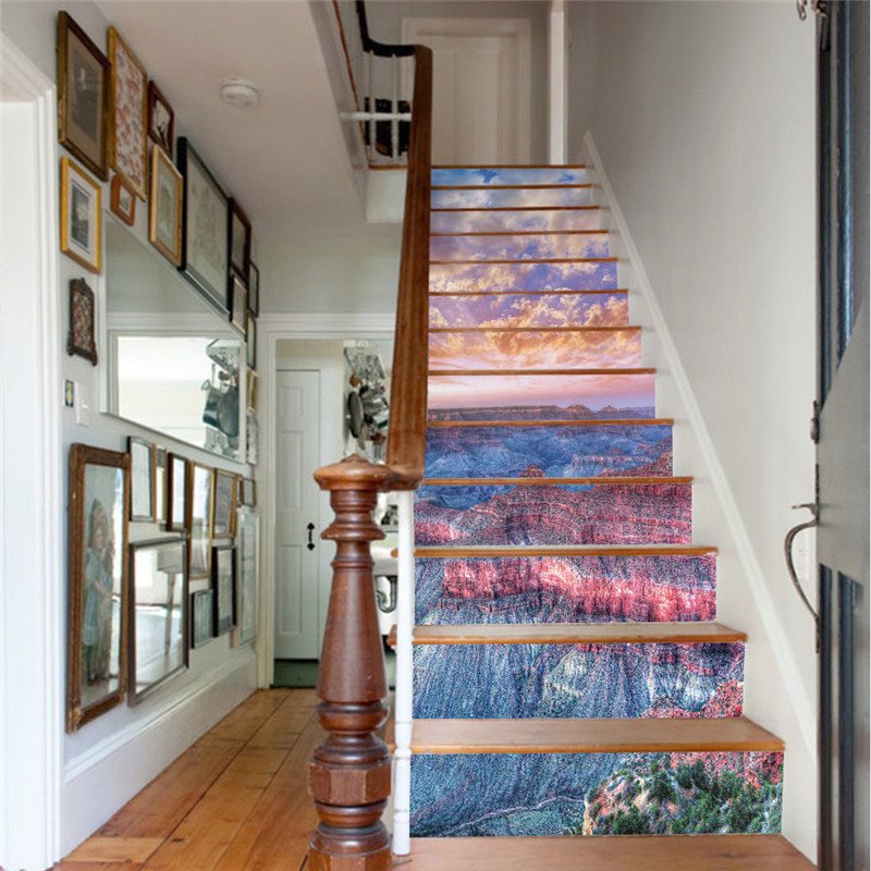 Murales de escaleras impermeables 3D de PVC de 13 piezas con geomorfología colorida y puesta de sol