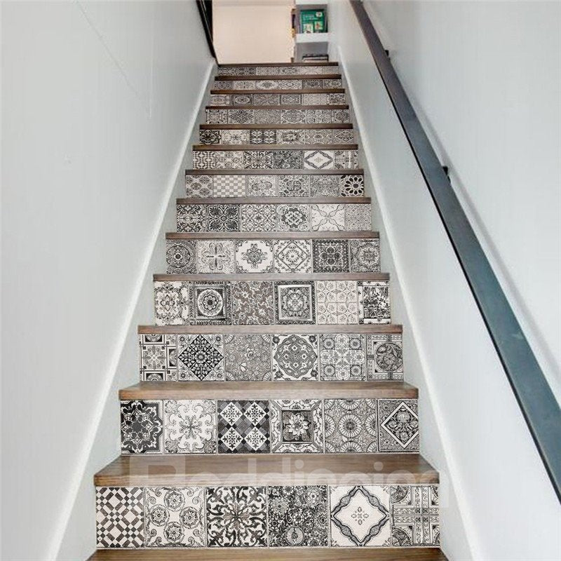 Black and White Mexican Traditional Talavera 13-Piece 3D PVC Waterproof Stair Murals