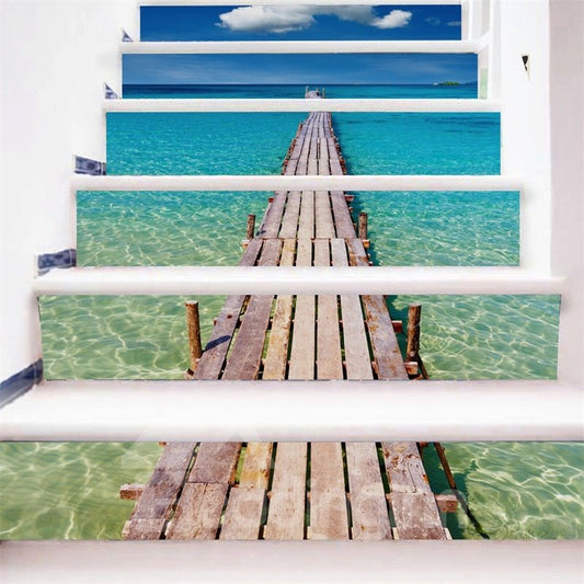 Blaues Meer über Holzweg, 6-teilige wasserdichte 3D-Treppenwandbilder aus PVC