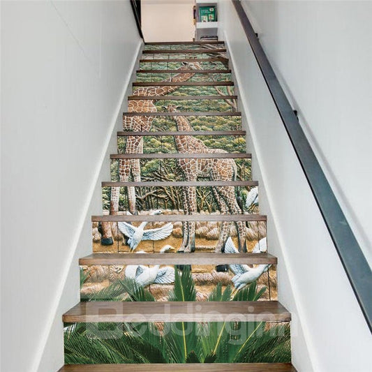 Murales de escaleras impermeables 3D de PVC de 13 piezas con jirafas y cisnes en el bosque