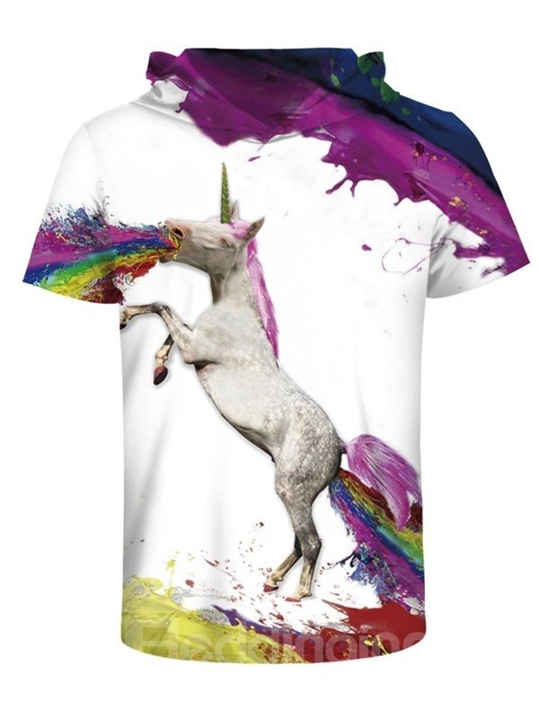 Regenbogen buntes Einhorn 3D-gedrucktes Kurzarm-T-Shirt für Herren mit Kapuze