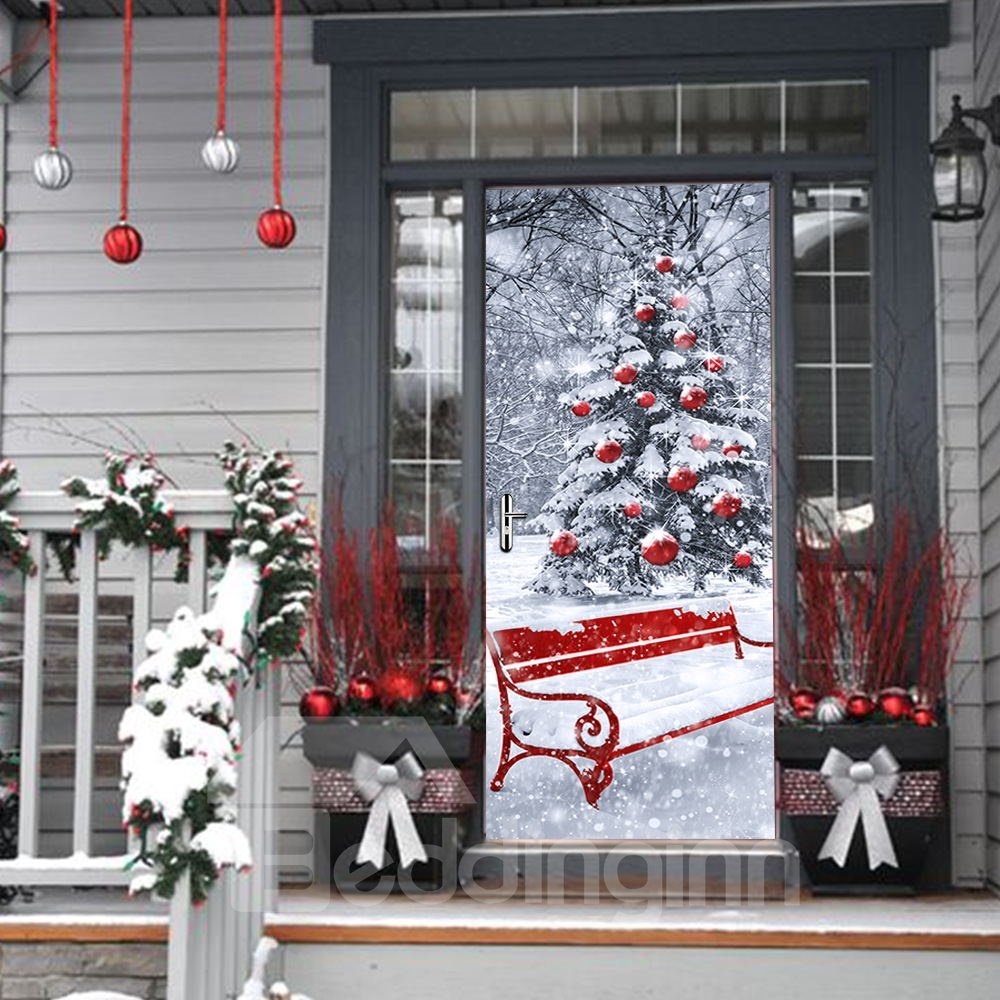 30¡Á79in 3D Snowy Christmas Tree Printed PVC Environmental and Waterproof Door Mural
