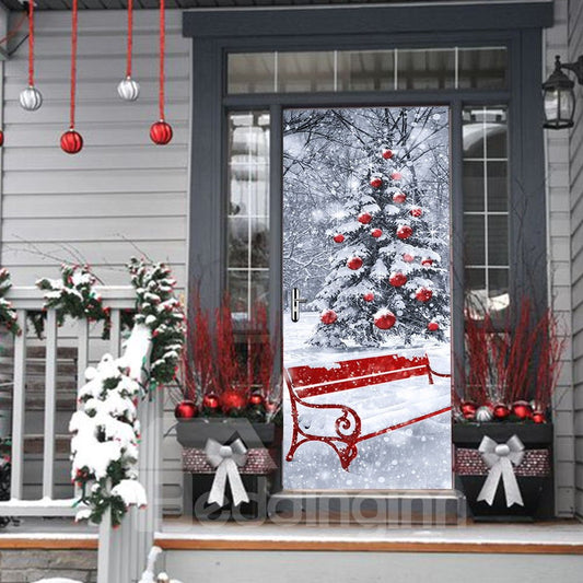 30×79 Zoll 3D-Türwandbild mit verschneitem Weihnachtsbaum, bedrucktes PVC, umweltfreundlich und wasserdicht