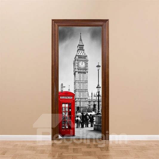 Mural de puerta 3D impermeable de PVC con cabina telefónica roja y edificio de marcas de 30 × 79 pulgadas