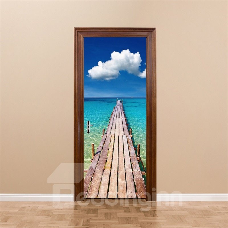 30¡Á79in Wooden Path over Blue Sea PVC Environmental and Waterproof 3D Door Mural