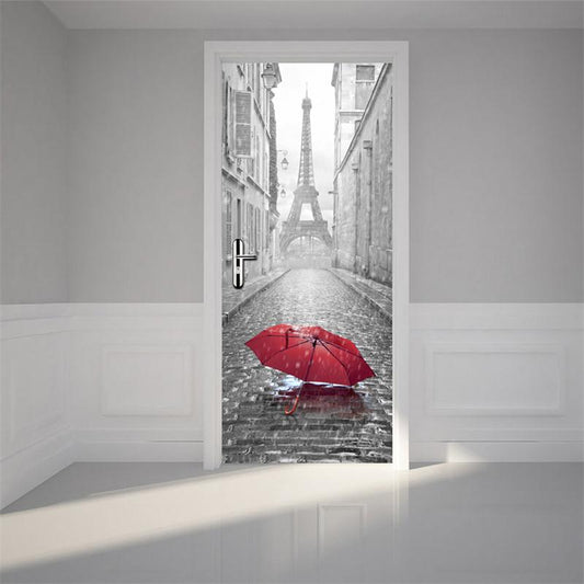 Mural de puerta 3D ambiental e impermeable de PVC con paraguas rojo en el suelo de 30 × 79 pulgadas