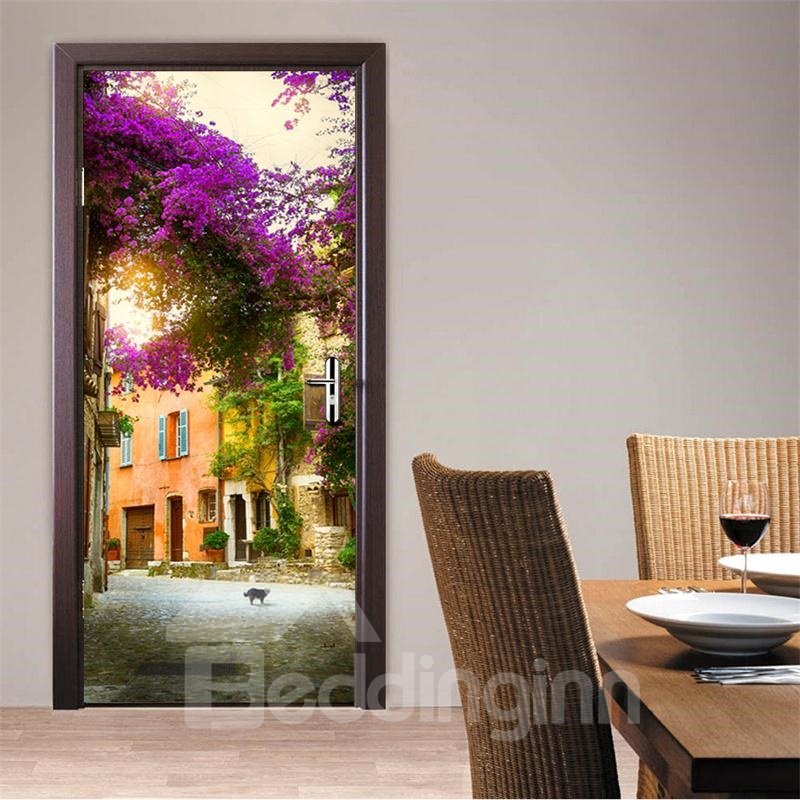 Mural de puerta 3D ambiental e impermeable de PVC con casas y flores de 30 × 79 pulgadas