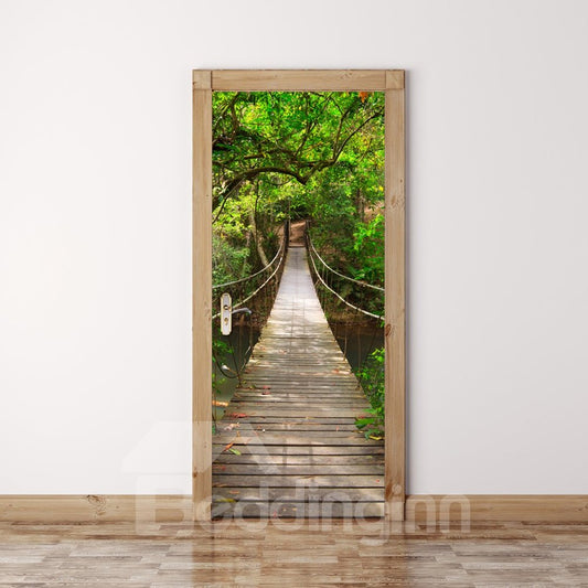 30¡Á79in Wooden Bridge Surrounded by Green Trees PVC Waterproof 3D Door Mural