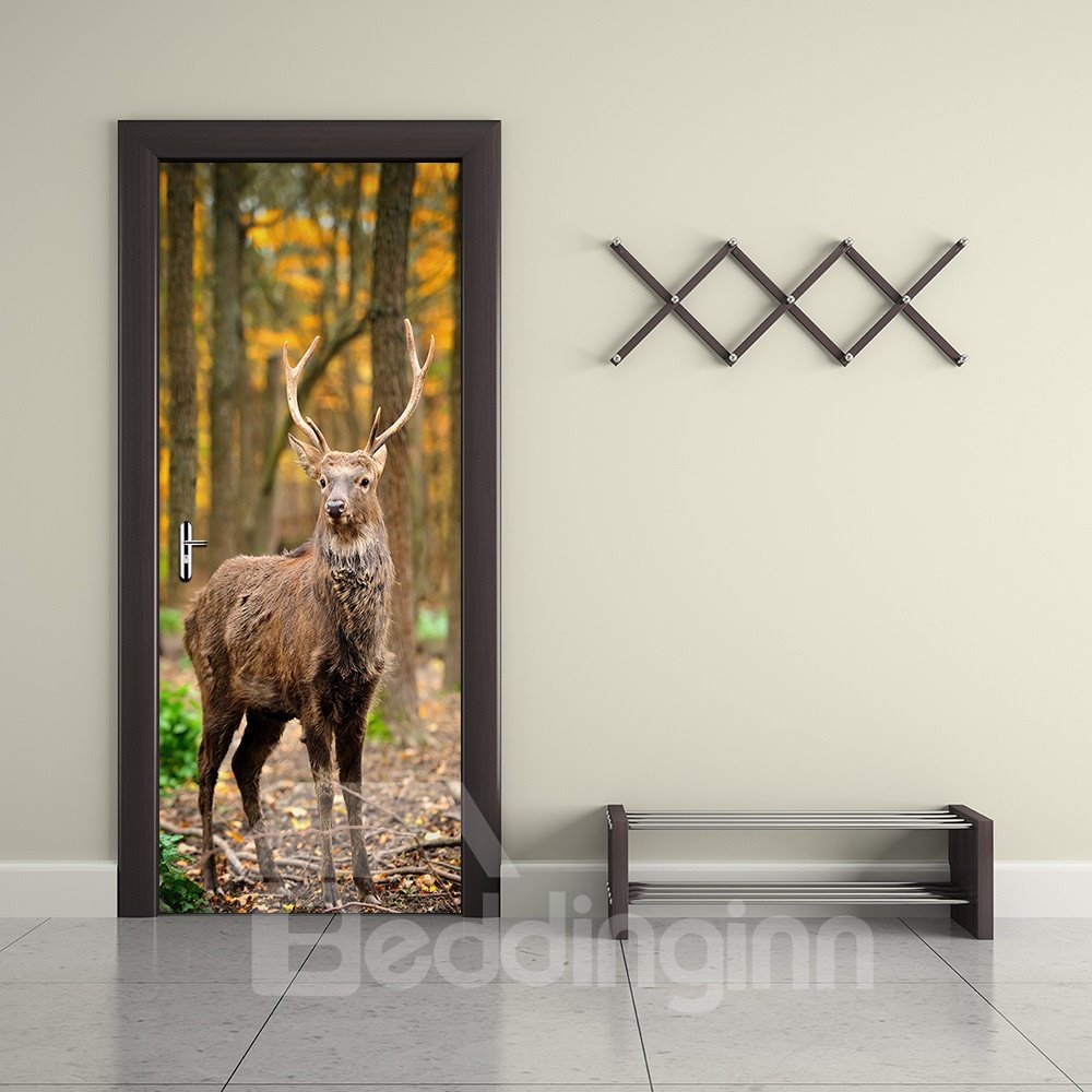 30¡Á79in Brown Deer in Forest PVC Environmental and Waterproof 3D Door Mural