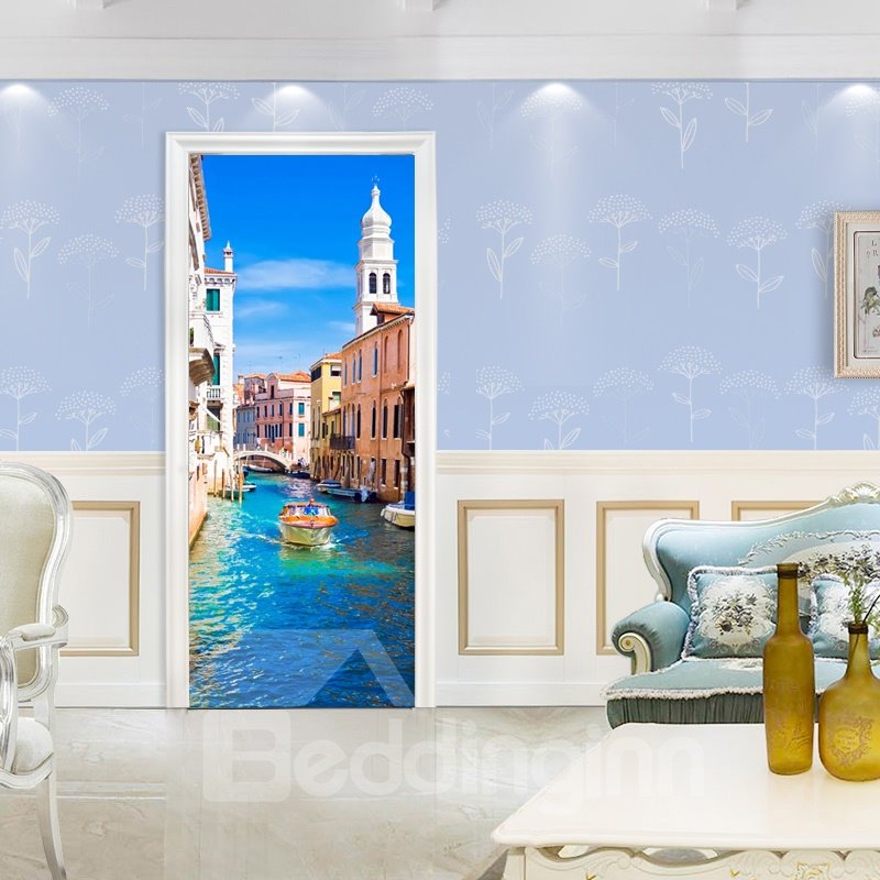 30¡Á79in Blue Water City Surrounded by Architectures PVC Waterproof 3D Door Mural