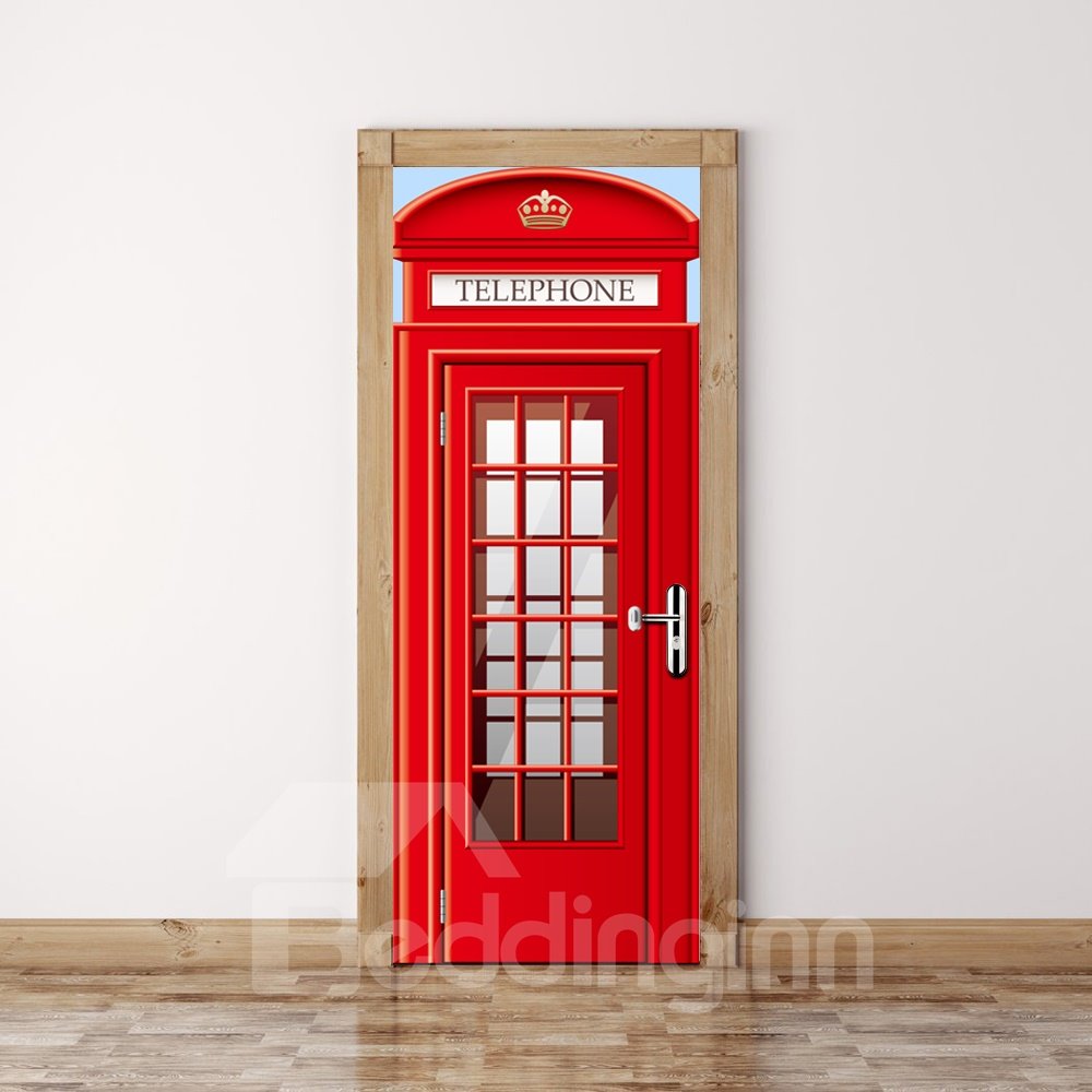 30¡Á79in Red Telephone Box with Plaids PVC Environmental and Waterproof 3D Door Mural