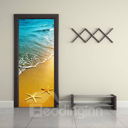 Mural de puerta 3D ambiental e impermeable de PVC con estrellas de mar en la playa de 30 × 79 pulgadas